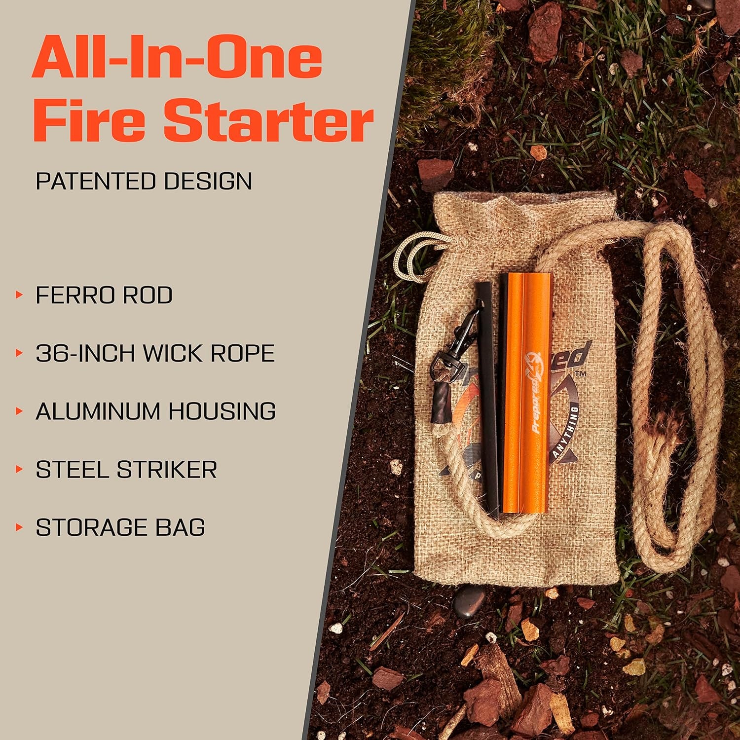 image:imageFire Starter Survival Tool AllinOne Flint and Steel Fire Starter Kit Ferro Rod Fire Starter with 36 Waterproof Tinder Wick Rope and Steel Fire Striker Patented Firestarter Prepared4X4 Inch