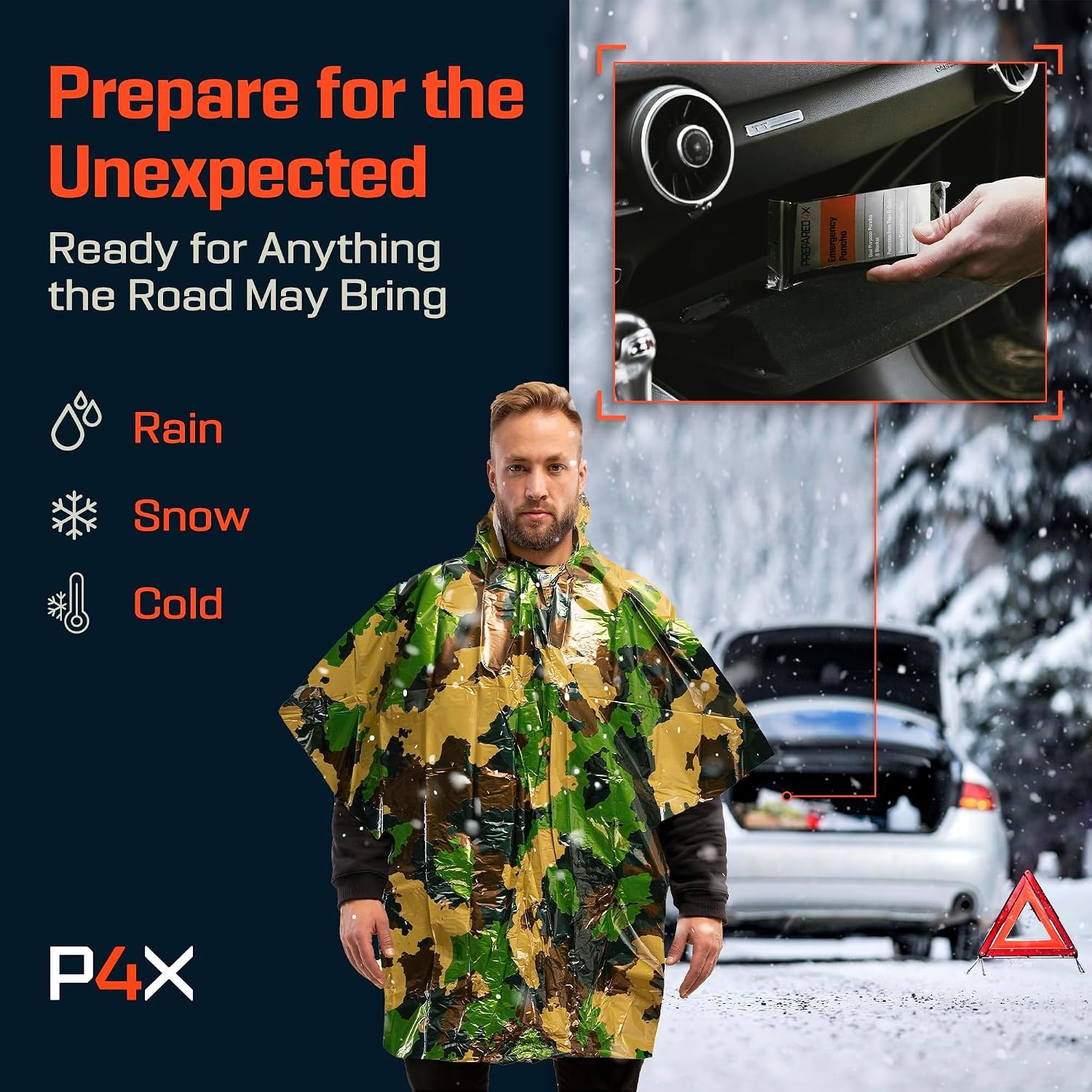 image:imagePREPARED4X Emergency Mylar Poncho Survival Rain Poncho with Hood Lightweight Compact Reusable Emergency Blanket Poncho for Hiking Camping Thermal Gear Car Kit OutdoorsGreen Camo 4pack