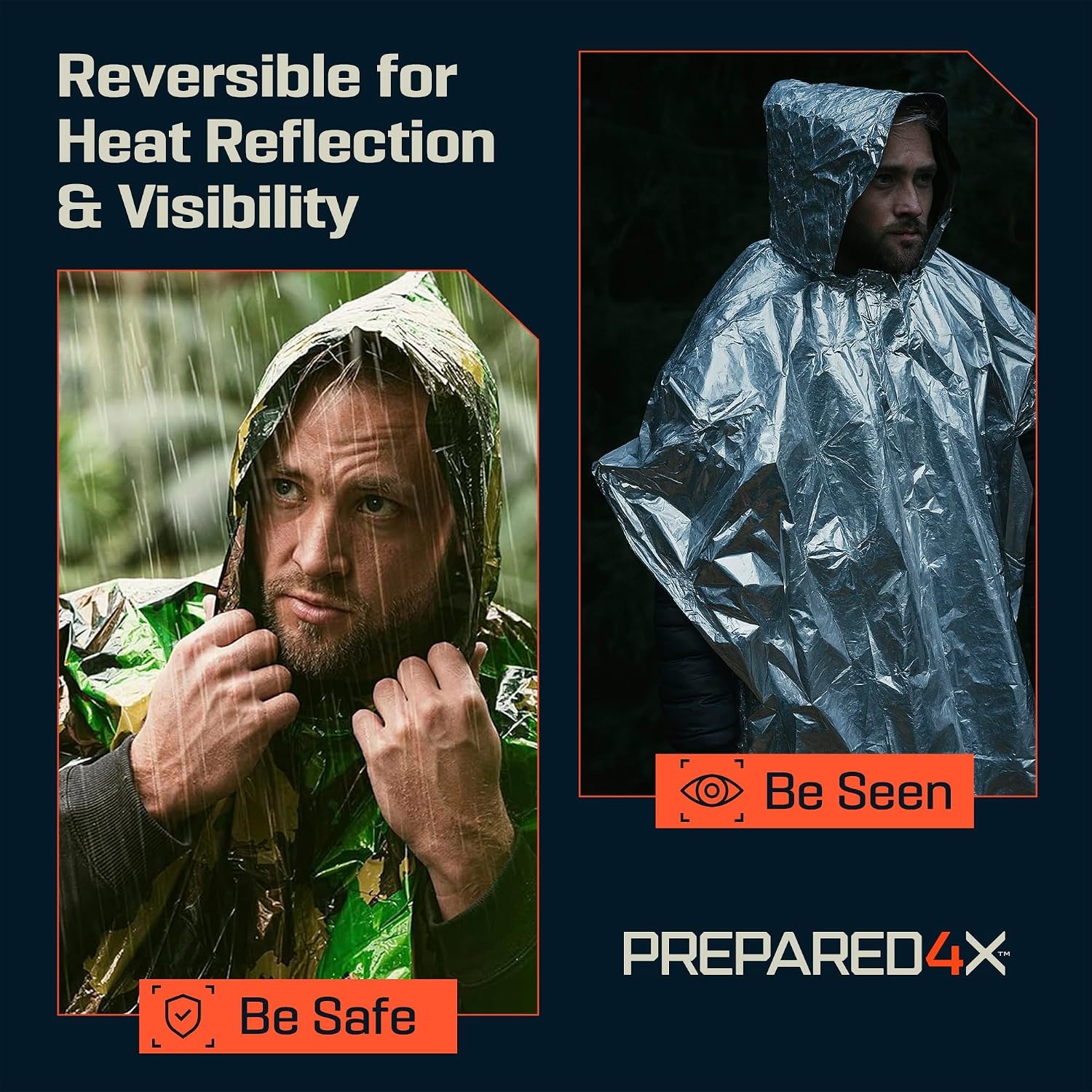image:imagePREPARED4X Emergency Mylar Poncho Survival Rain Poncho with Hood Lightweight Compact Reusable Emergency Blanket Poncho for Hiking Camping Thermal Gear Car Kit OutdoorsGreen Camo 4pack