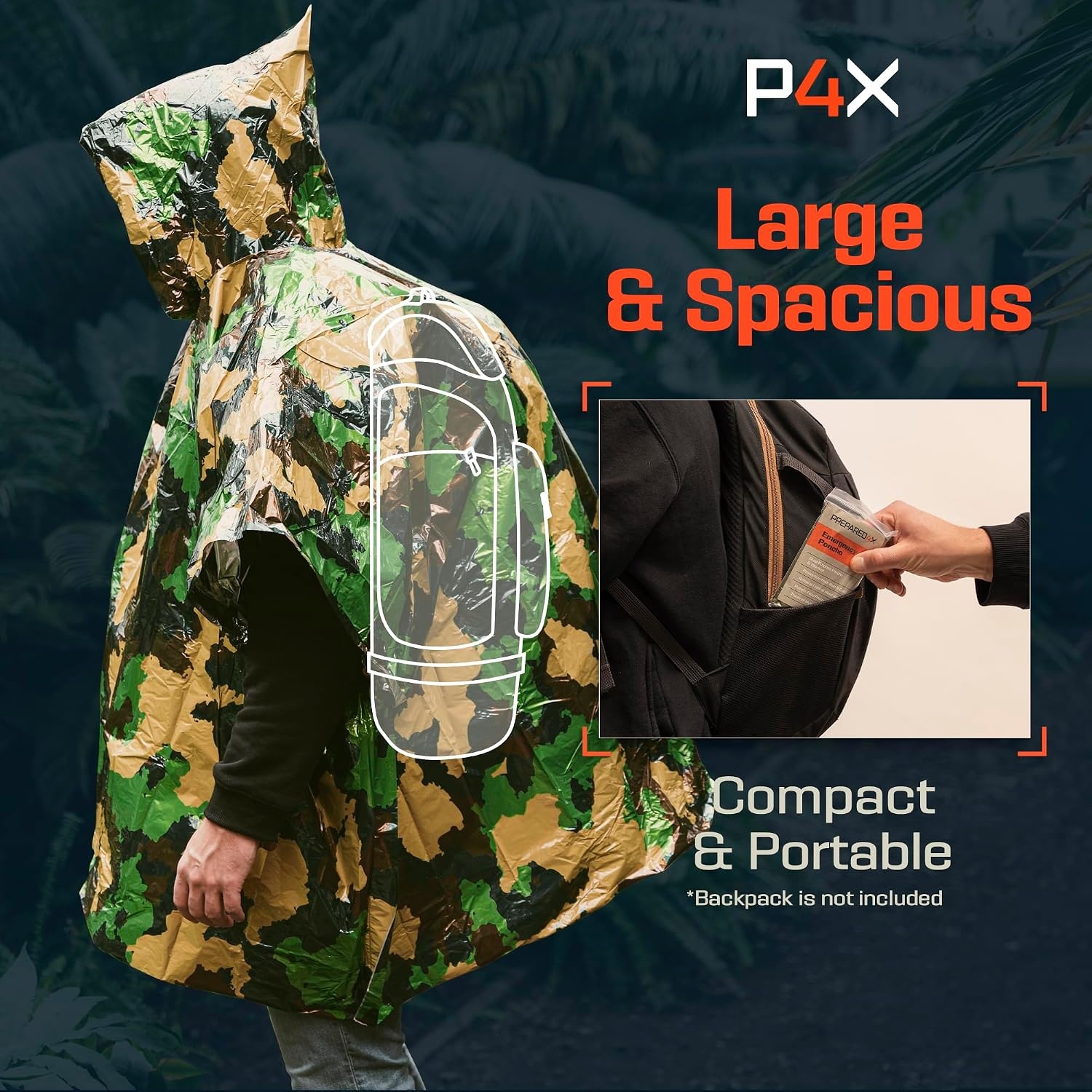 image:imagePREPARED4X Emergency Mylar Poncho Survival Rain Poncho with Hood Lightweight Compact Reusable Emergency Blanket Poncho for Hiking Camping Thermal Gear Car Kit OutdoorsGreen Camo 4pack