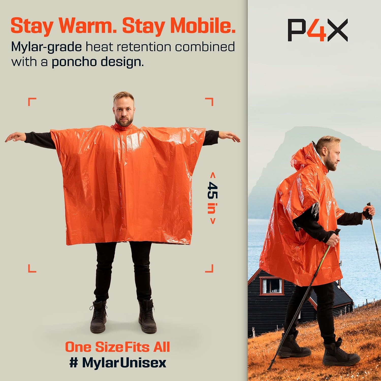 image:imagePREPARED4X Emergency Mylar Poncho Survival Rain Poncho with Hood Lightweight Compact Reusable Emergency Blanket Poncho for Hiking Camping Thermal Gear Car Kit OutdoorsOrange