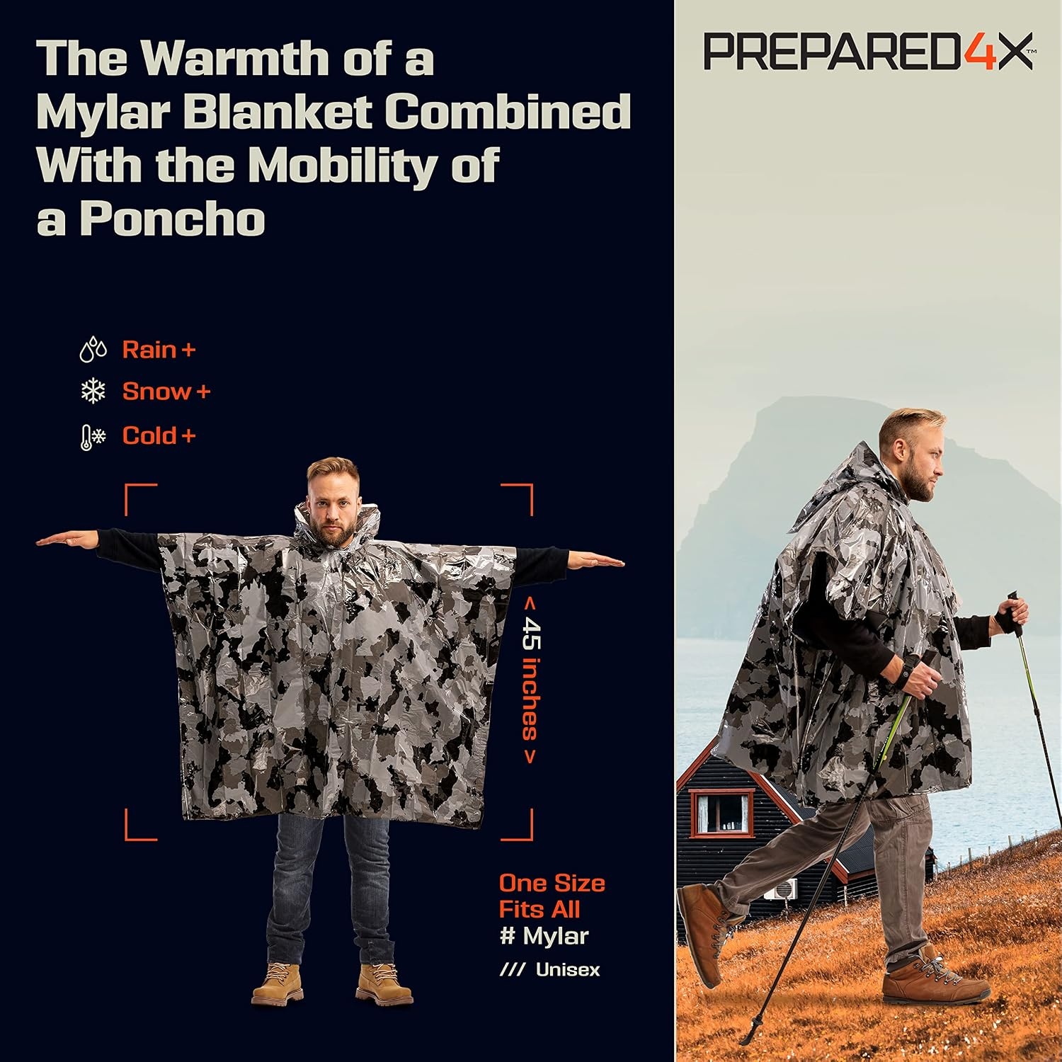 image:imagePREPARED4X Emergency Mylar Poncho Survival Rain Poncho with Hood Lightweight Compact Reusable Emergency Blanket Poncho for Hiking Camping Thermal Gear Car Kit OutdoorsGrey Camo 4pack