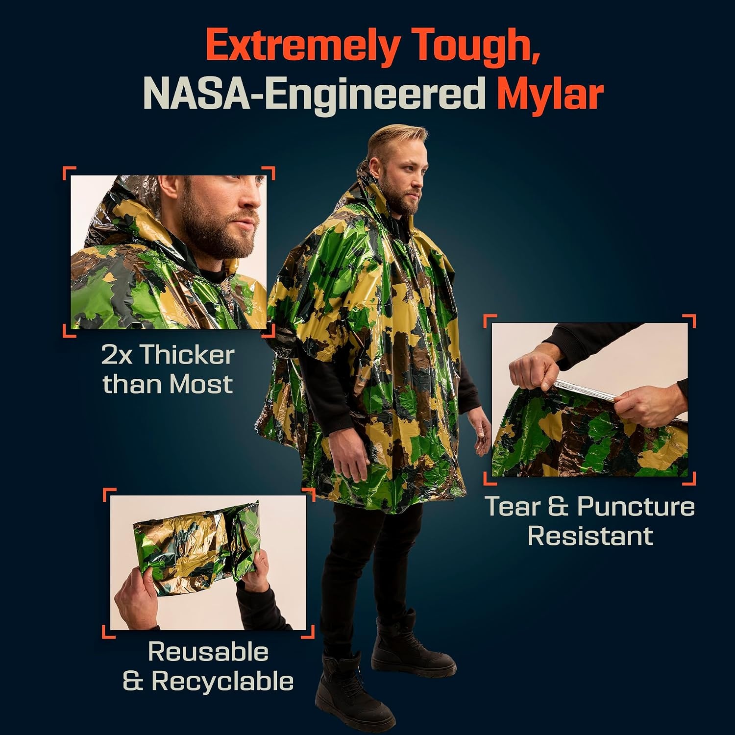 image:imagePREPARED4X Emergency Mylar Poncho Survival Rain Poncho with Hood Lightweight Compact Reusable Emergency Blanket Poncho for Hiking Camping Thermal Gear Car Kit OutdoorsGreen Camo 4pack