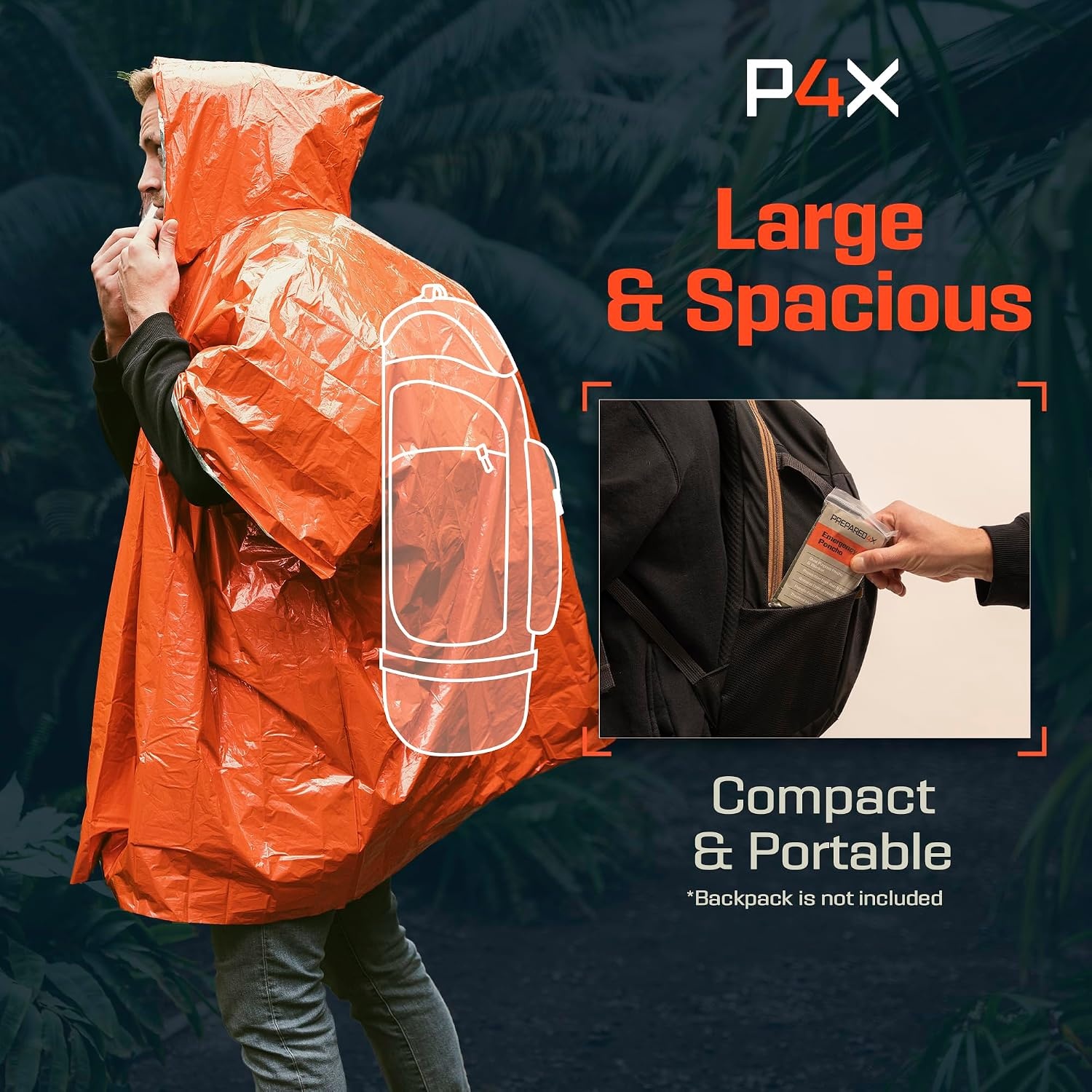 image:imagePREPARED4X Emergency Mylar Poncho Survival Rain Poncho with Hood Lightweight Compact Reusable Emergency Blanket Poncho for Hiking Camping Thermal Gear Car Kit OutdoorsOrange