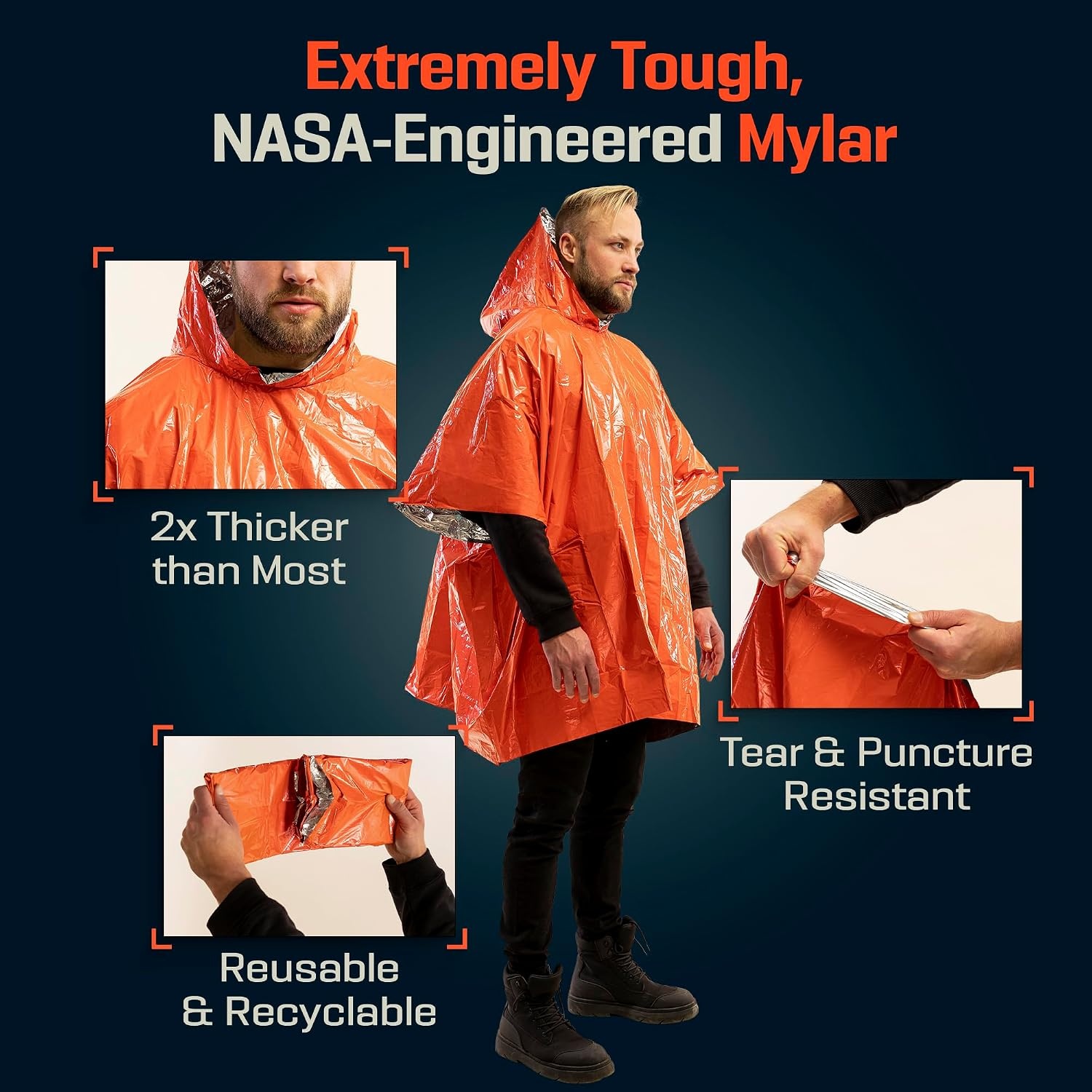 image:imagePREPARED4X Emergency Mylar Poncho Survival Rain Poncho with Hood Lightweight Compact Reusable Emergency Blanket Poncho for Hiking Camping Thermal Gear Car Kit OutdoorsOrange