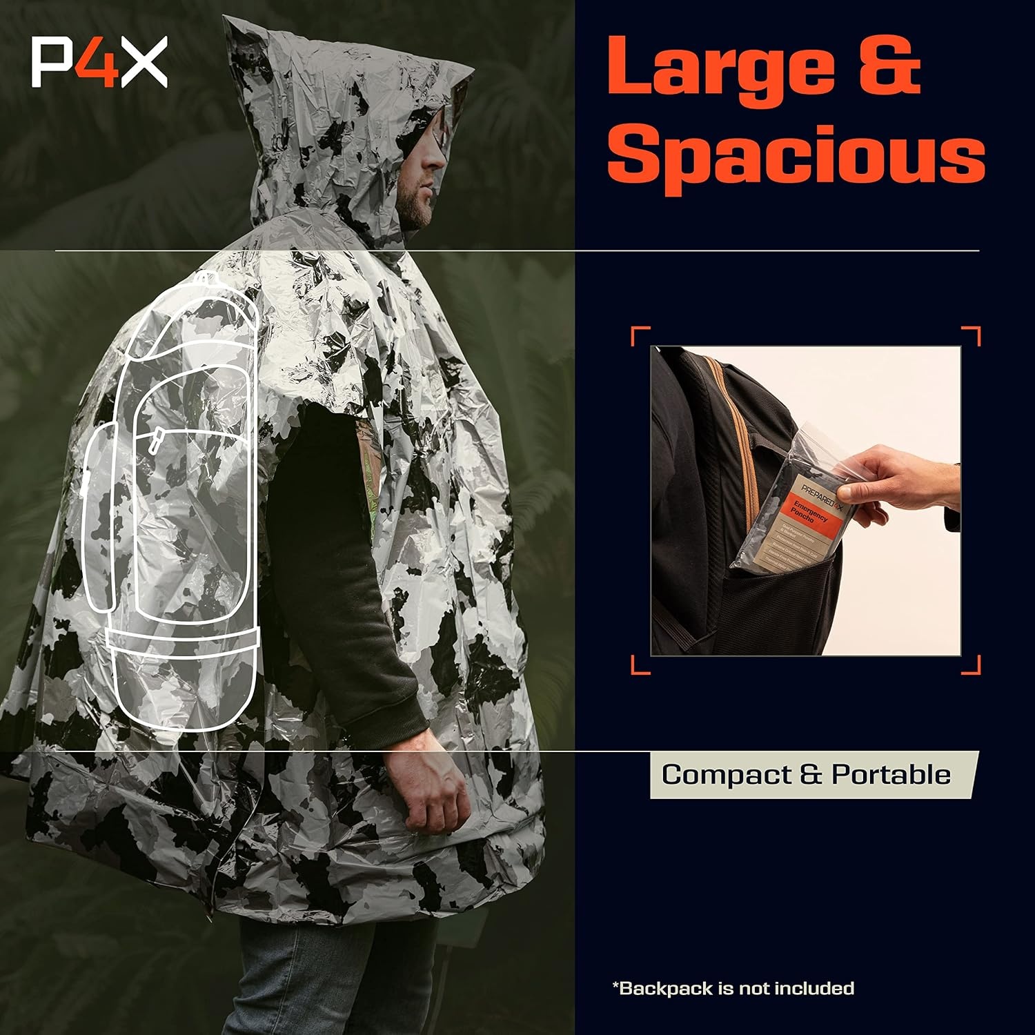 image:imagePREPARED4X Emergency Mylar Poncho Survival Rain Poncho with Hood Lightweight Compact Reusable Emergency Blanket Poncho for Hiking Camping Thermal Gear Car Kit OutdoorsGrey Camo 4pack