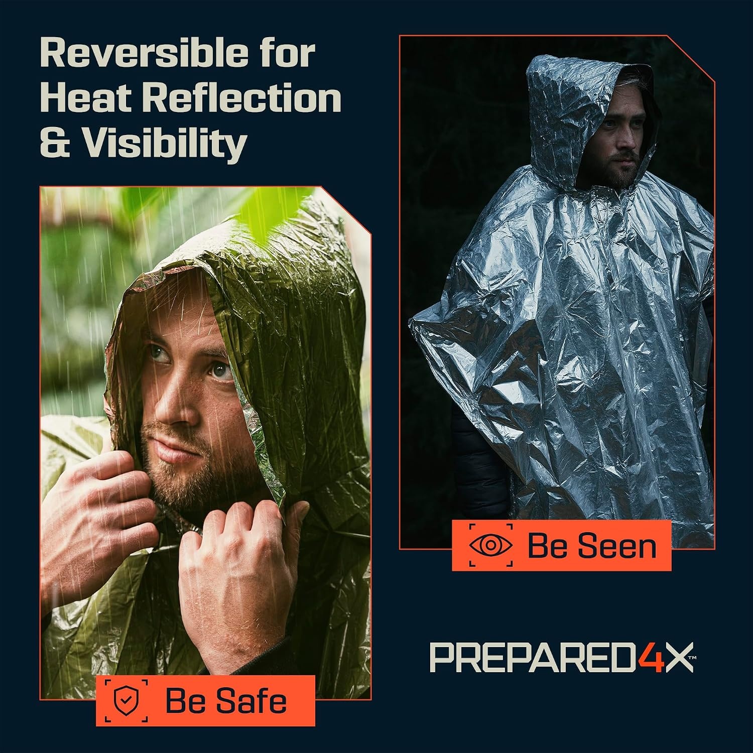 image:imagePREPARED4X Emergency Mylar Poncho Survival Rain Poncho with Hood Lightweight Compact Reusable Emergency Blanket Poncho for Hiking Camping Thermal Gear Car Kit OutdoorsGreen 4pack