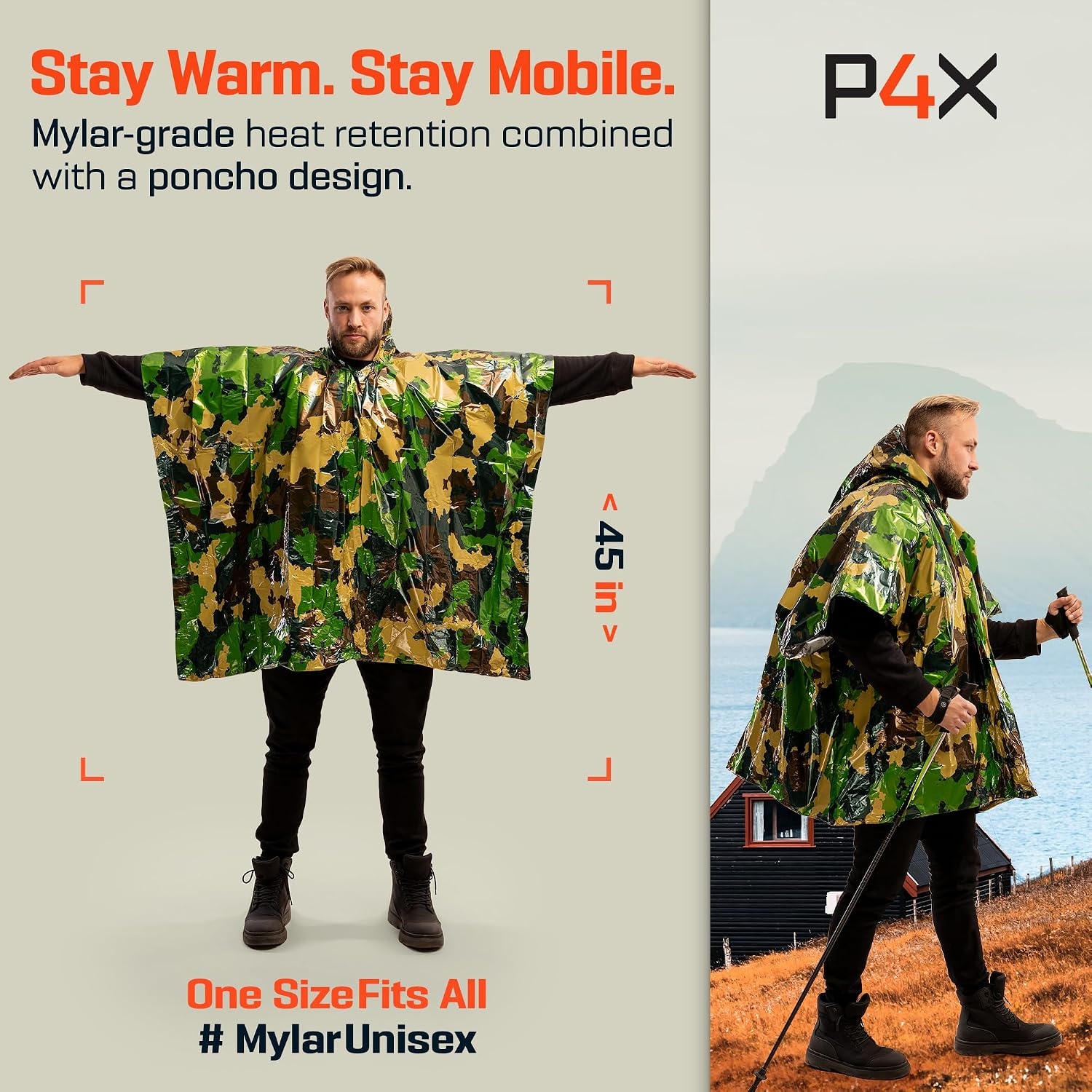 image:imagePREPARED4X Emergency Mylar Poncho Survival Rain Poncho with Hood Lightweight Compact Reusable Emergency Blanket Poncho for Hiking Camping Thermal Gear Car Kit OutdoorsGreen Camo 4pack