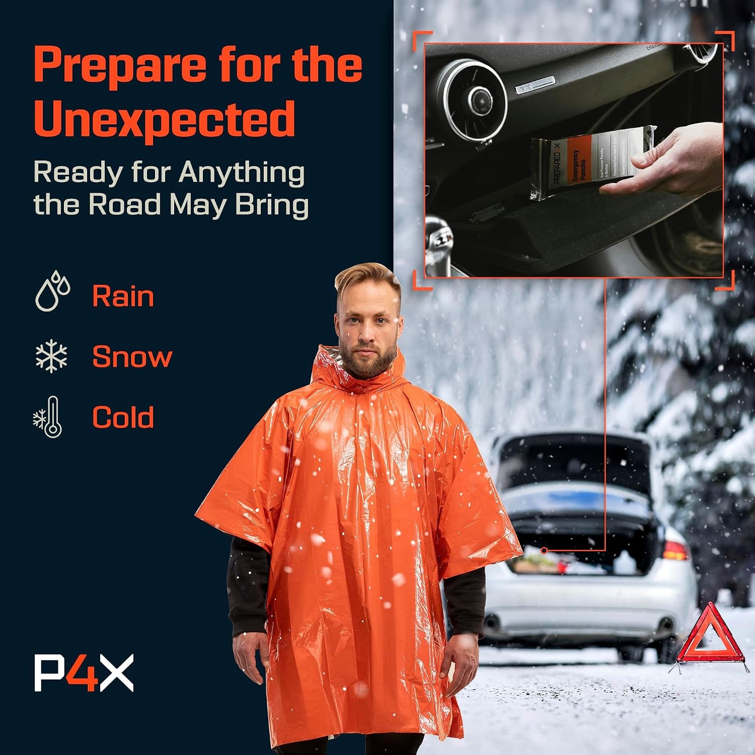 image:imagePREPARED4X Emergency Mylar Poncho Survival Rain Poncho with Hood Lightweight Compact Reusable Emergency Blanket Poncho for Hiking Camping Thermal Gear Car Kit OutdoorsOrange