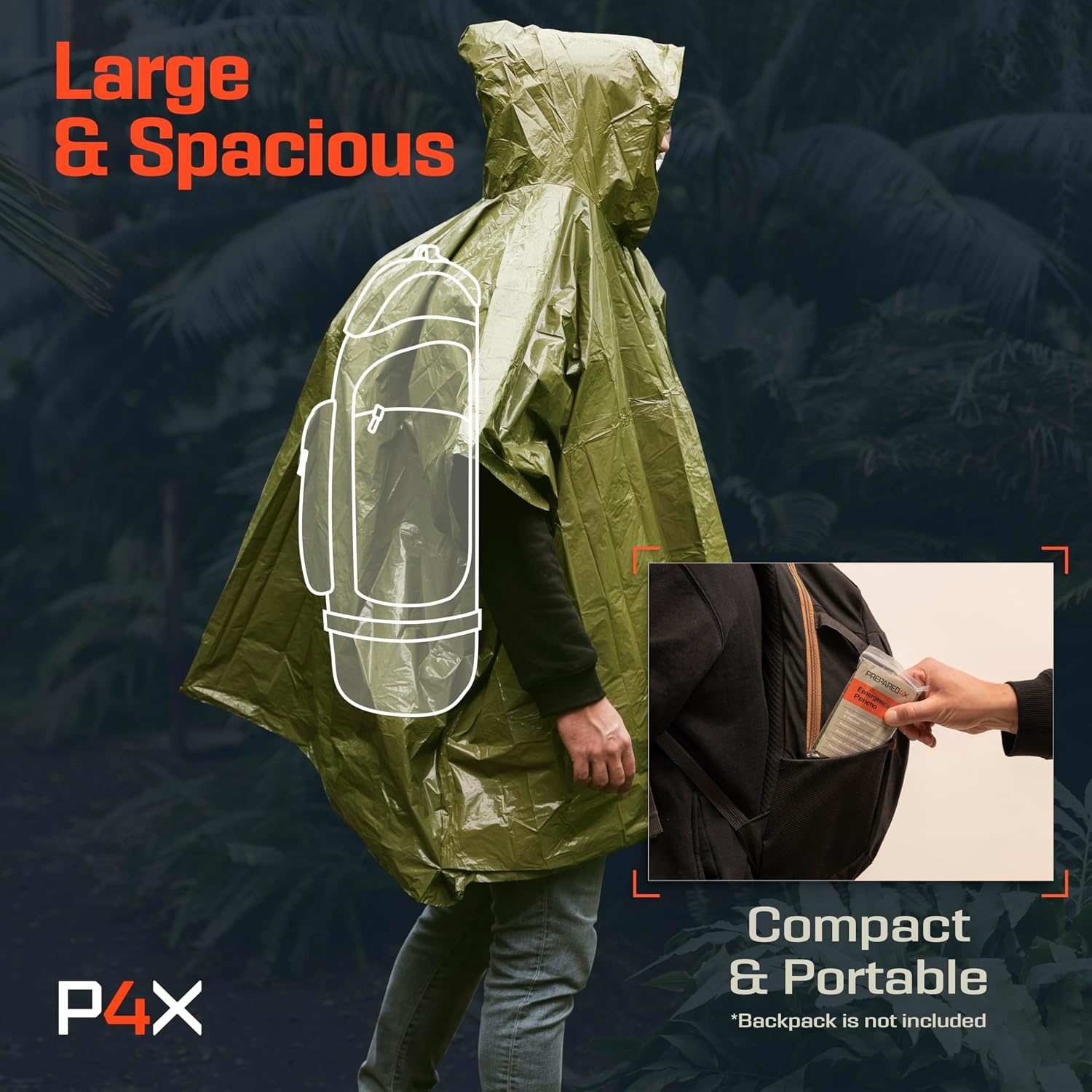 image:imagePREPARED4X Emergency Mylar Poncho Survival Rain Poncho with Hood Lightweight Compact Reusable Emergency Blanket Poncho for Hiking Camping Thermal Gear Car Kit OutdoorsGreen 4pack