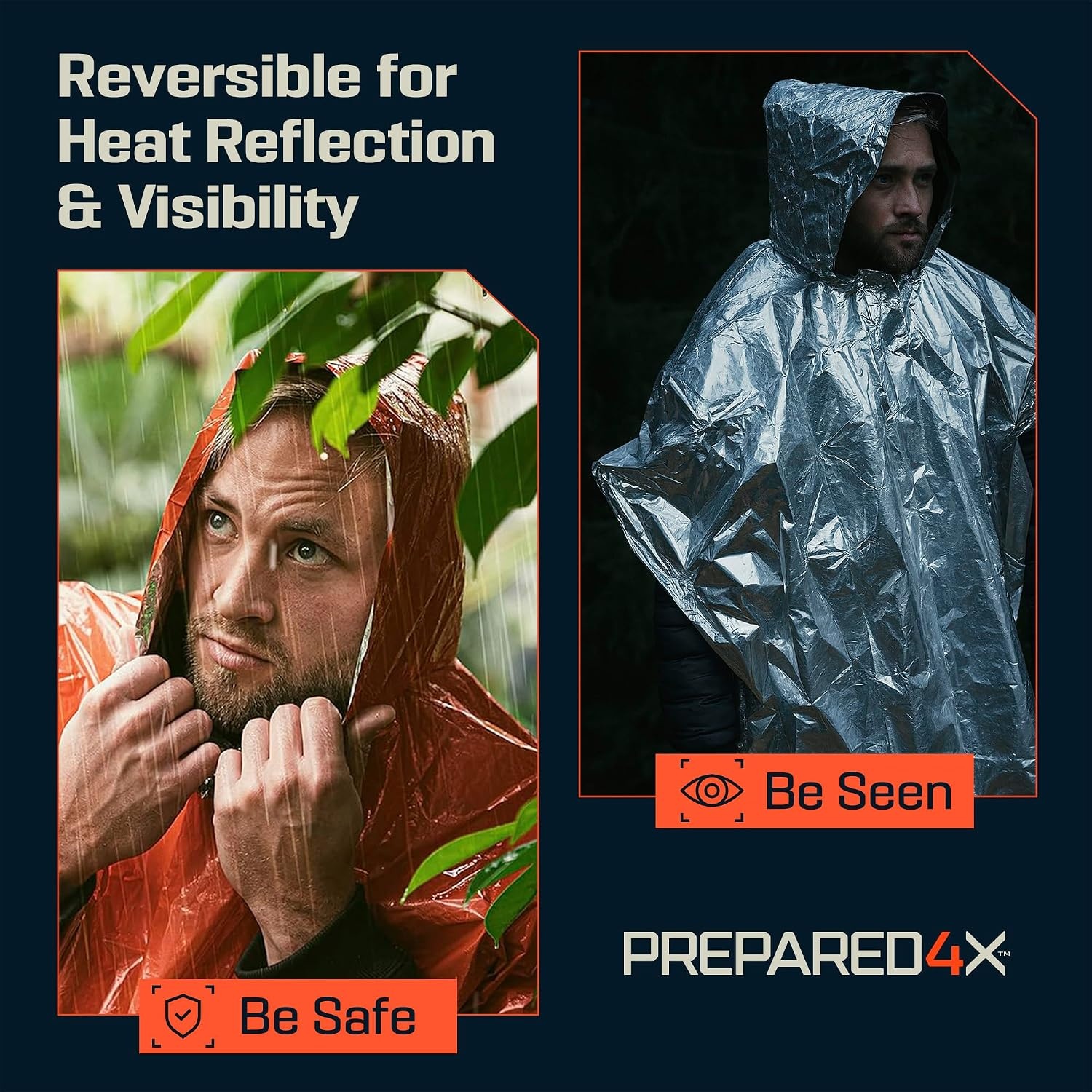 image:imagePREPARED4X Emergency Mylar Poncho Survival Rain Poncho with Hood Lightweight Compact Reusable Emergency Blanket Poncho for Hiking Camping Thermal Gear Car Kit OutdoorsOrange