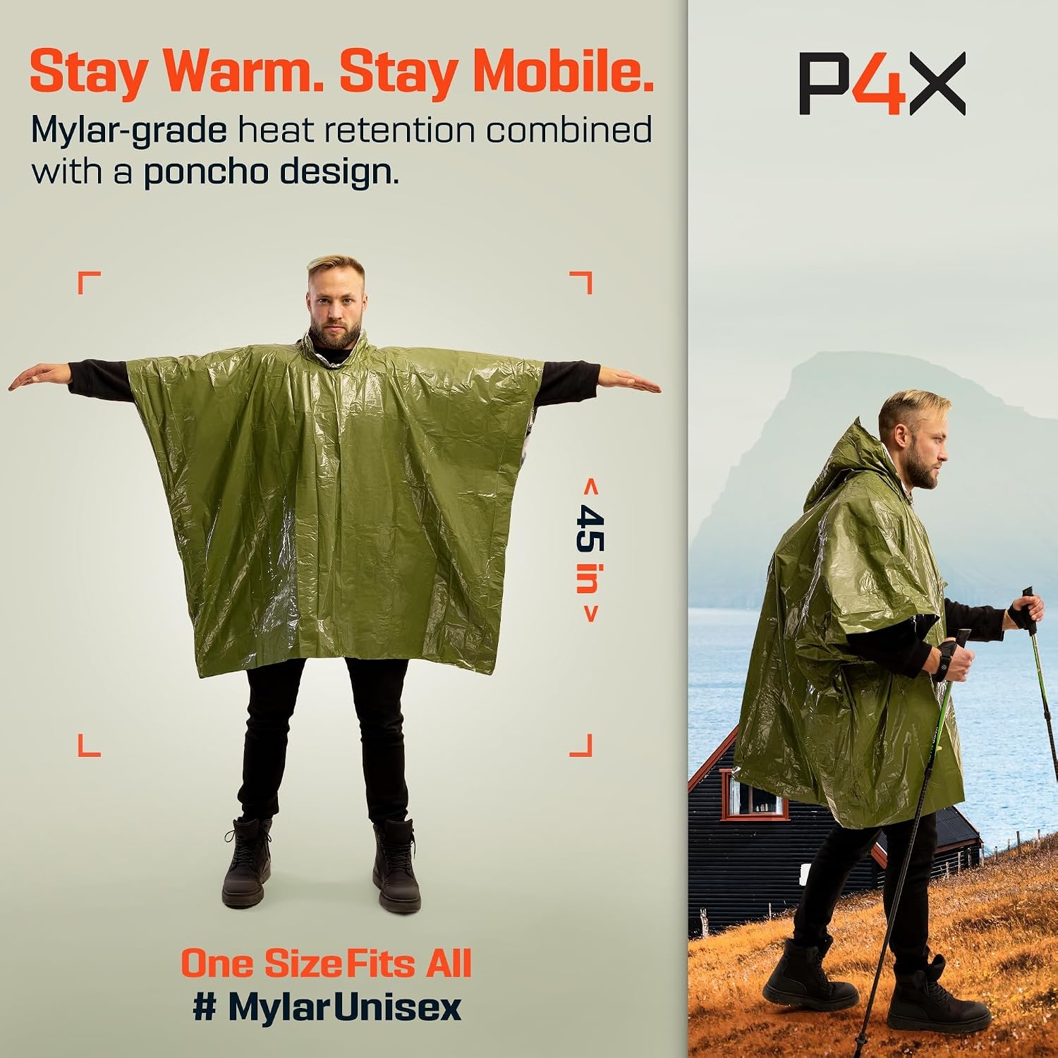 image:imagePREPARED4X Emergency Mylar Poncho Survival Rain Poncho with Hood Lightweight Compact Reusable Emergency Blanket Poncho for Hiking Camping Thermal Gear Car Kit OutdoorsGreen 4pack