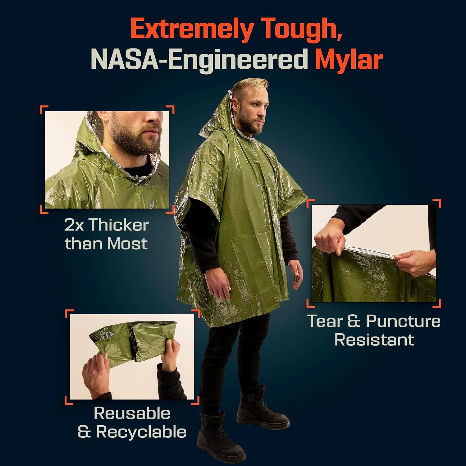image:imagePREPARED4X Emergency Mylar Poncho Survival Rain Poncho with Hood Lightweight Compact Reusable Emergency Blanket Poncho for Hiking Camping Thermal Gear Car Kit OutdoorsGreen 4pack