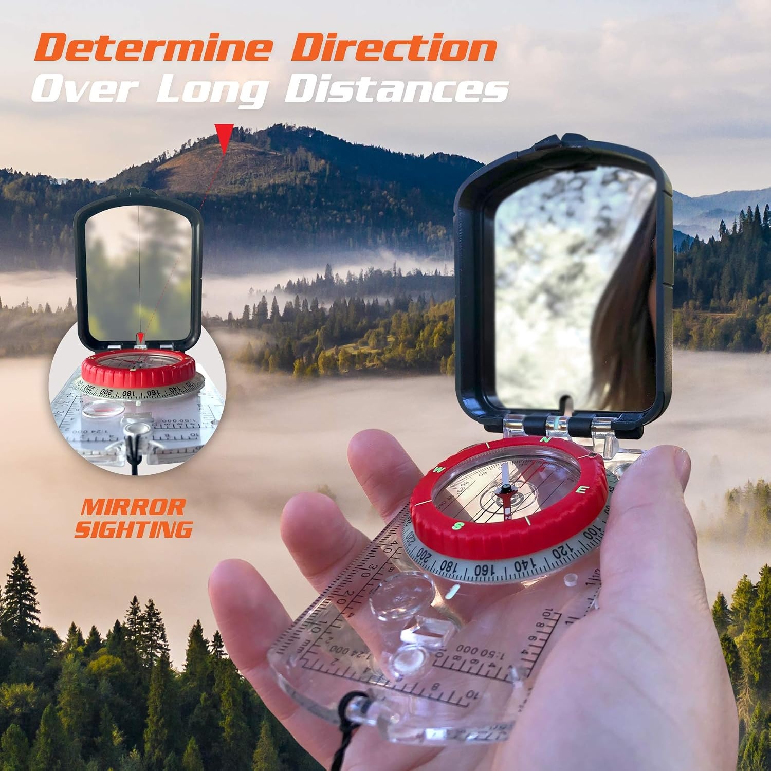 image:imagePREPARED4X Hiking Compass Survival Mirror Sighting Map Orienteering Compass with 35Ft 550 Survival Paracord Lanyard Fire Starter Whistle Fishing Line Tinder Cord