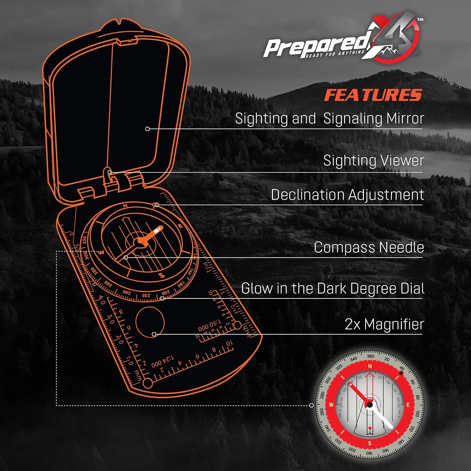image:imagePREPARED4X Hiking Compass Survival Mirror Sighting Map Orienteering Compass with 35Ft 550 Survival Paracord Lanyard Fire Starter Whistle Fishing Line Tinder Cord
