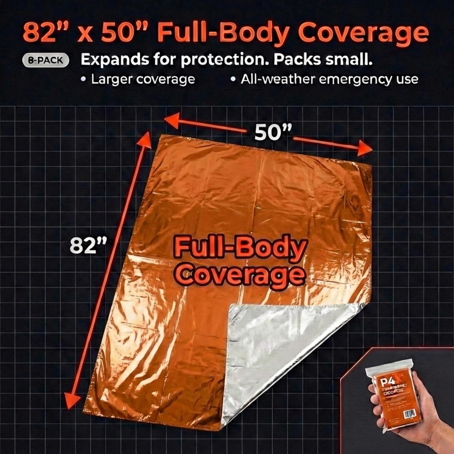 image:imagePREPARED4X Mylar Blankets 8 Pack Waterproof Emergency Blanket Rip and Tear Resistant Survivalist Gear Emergency Thermal Blanket for Outdoor SurvivalOrange 82x50