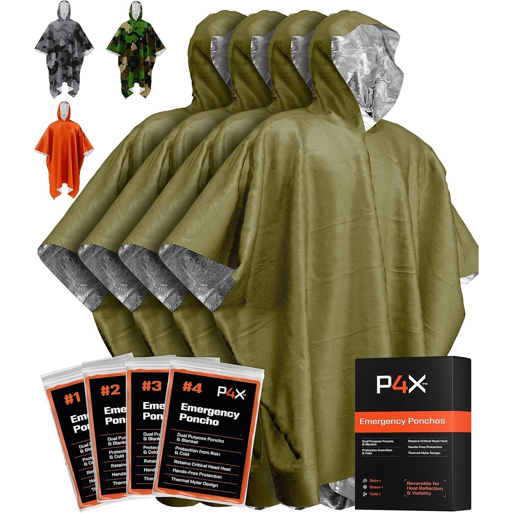 image:imagePREPARED4X Emergency Mylar Poncho Survival Rain Poncho with Hood Lightweight Compact Reusable Emergency Blanket Poncho for Hiking Camping Thermal Gear Car Kit OutdoorsGreen 4pack