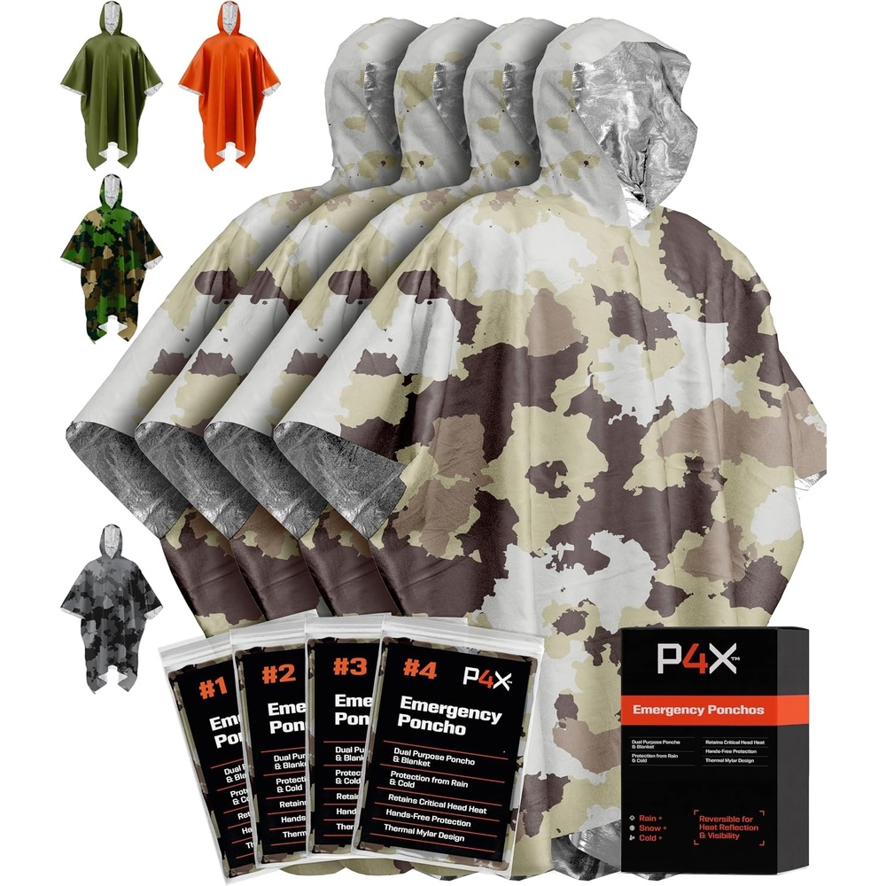 image:imagePREPARED4X Emergency Mylar Poncho Survival Rain Poncho with Hood Lightweight Compact Reusable Emergency Blanket Poncho for Hiking Camping Thermal Gear Car Kit OutdoorsSnow Camo 4pack