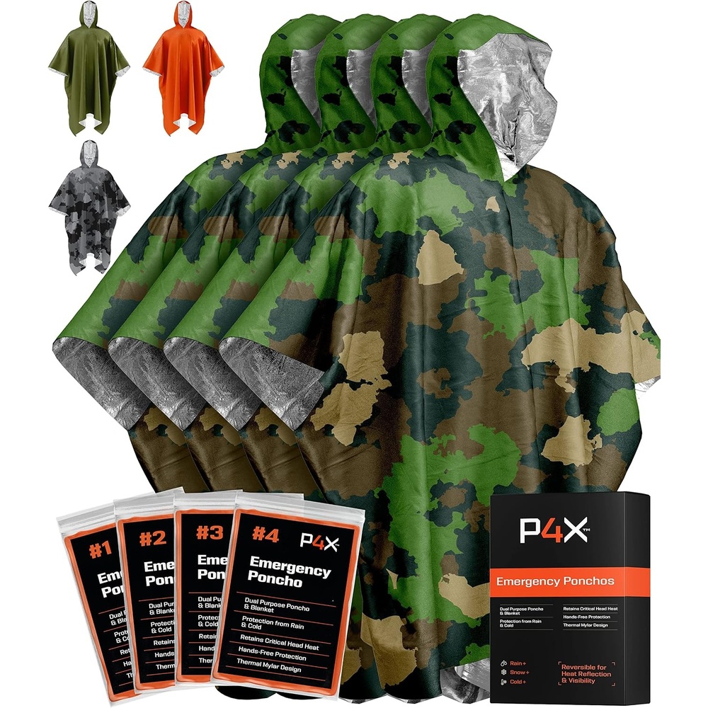 image:imagePREPARED4X Emergency Mylar Poncho Survival Rain Poncho with Hood Lightweight Compact Reusable Emergency Blanket Poncho for Hiking Camping Thermal Gear Car Kit OutdoorsGreen Camo 4pack