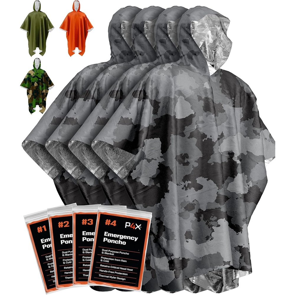 image:imagePREPARED4X Emergency Mylar Poncho Survival Rain Poncho with Hood Lightweight Compact Reusable Emergency Blanket Poncho for Hiking Camping Thermal Gear Car Kit OutdoorsGrey Camo 4pack