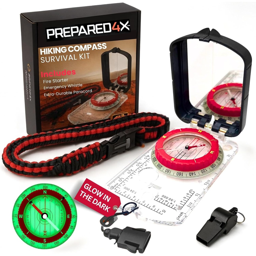 image:imagePREPARED4X Hiking Compass Survival Mirror Sighting Map Orienteering Compass with 35Ft 550 Survival Paracord Lanyard Fire Starter Whistle Fishing Line Tinder Cord