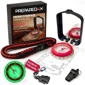 PREPARED4X Hiking Compass Survival – Mirror Sighting Map Orienteering Compass – with 35-Ft 550 Survival Paracord Lanyard, Fire Starter, Whistle, Fishing Line, Tinder Cord